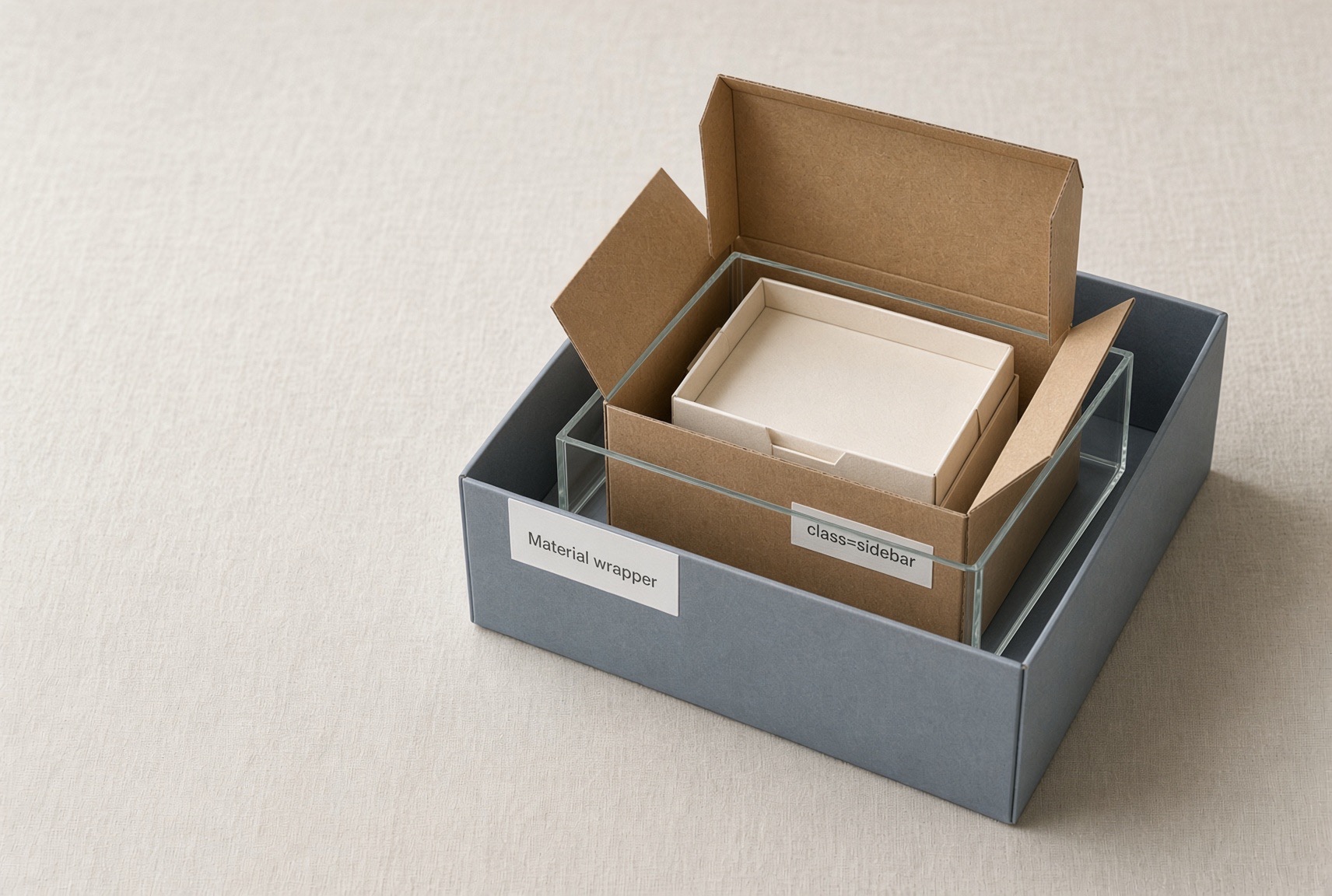 Nested boxes on a linen surface: a grey tray labeled Material wrapper, an unlabeled glass box inside it, and a kraft box labeled class=sidebar holding a smaller cream box. Illustration of an Angular toolbar host inside Material’s injected drawer wrapper