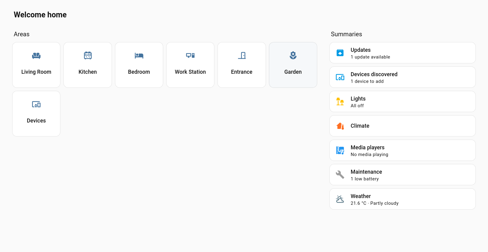 Home assistant smart home app overview screen showing area cards device summaries and status indicators for lights all off climate and partial weather conditions