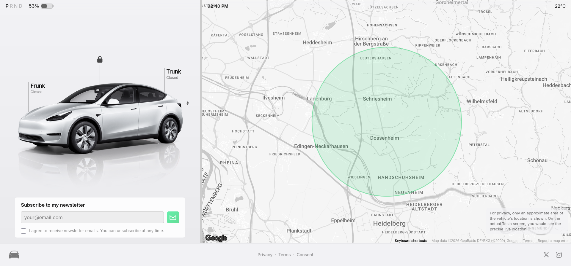 Simulated UI for Tesla Model Y vehicle status dashboard displaying battery level with frunk and trunk closed next to interactive map of Heidelberg Germany area showing green radius overlay