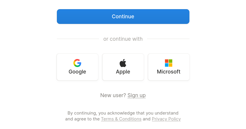Clean authentication screen showing blue continue button alongside Google Apple and Microsoft login buttons plus new user sign up prompt and legal disclaimer text